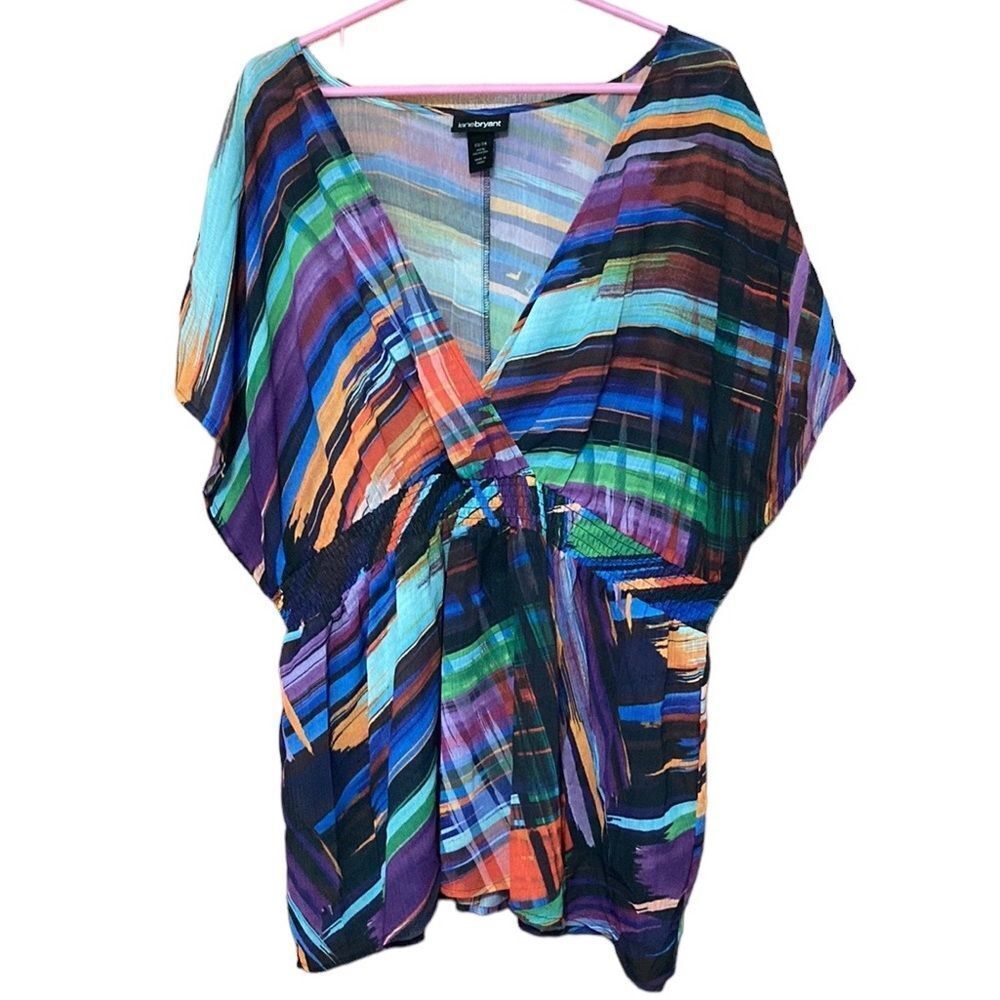 Lane Bryant Plus Size Blue Orange Black Abstract Print V-neck Blouse Size 22 24
